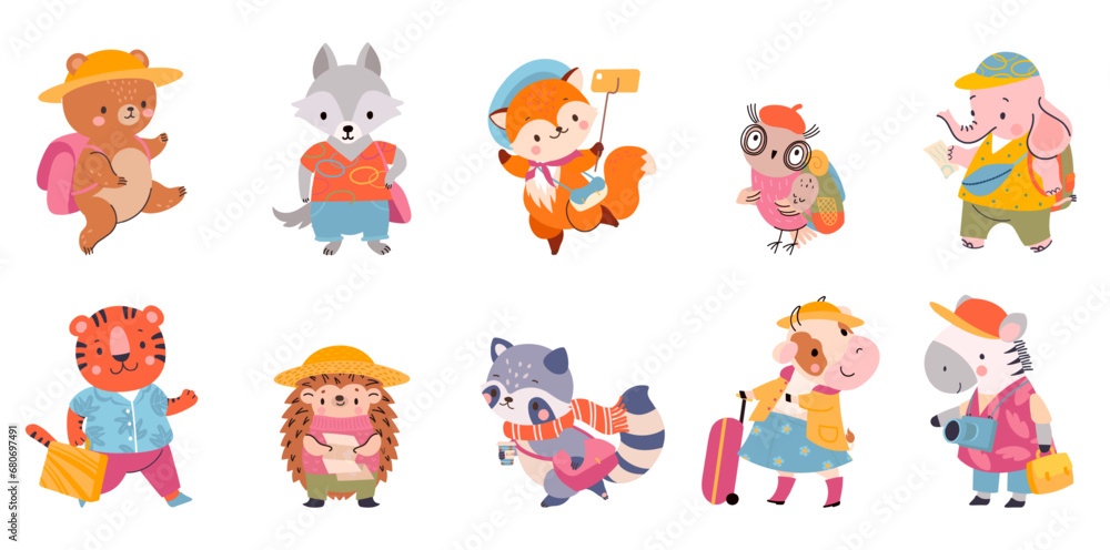 Cartoon travel animal. Touristic animals with luggage, backpack and map. Cute amusing wild bear fox and cow. Childish nowaday vector characters