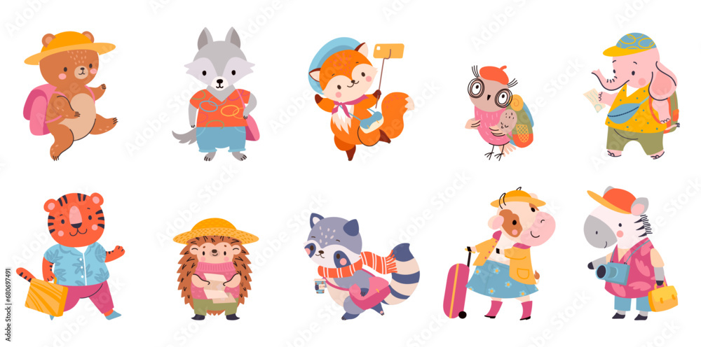 Obraz premium Cartoon travel animal. Touristic animals with luggage, backpack and map. Cute amusing wild bear fox and cow. Childish nowaday vector characters