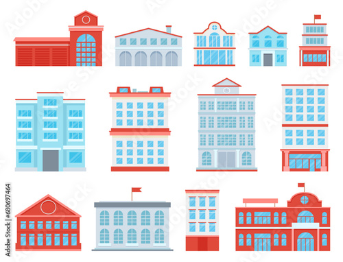 Flat public buildings of city center. Government building and hospital, school and university. Fire station and police department, decent vector clipart