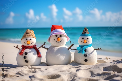 three snowman on a beautiful beach, generative ai 