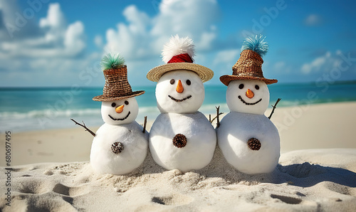 three snowman on a beautiful beach, generative ai 