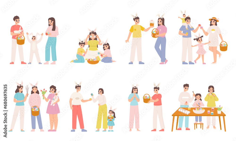 People easter celebrating with family and friends. Happy person hug bunny, carry holiday decorative basket with eggs. Snugly vector spring scenes