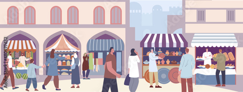 City market scene, asian or arab street marketplace. Oriental mood, vendors at counters and citizens. Shopping on boulevard kicky vector urban concept
