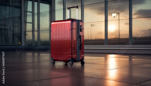 A Vibrant Red Suitcase Resting on a Polished Tiled Floor photo