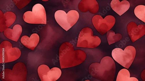 Seamless Background of painted Hearts in dark red Watercolors. Romantic Wallpaper