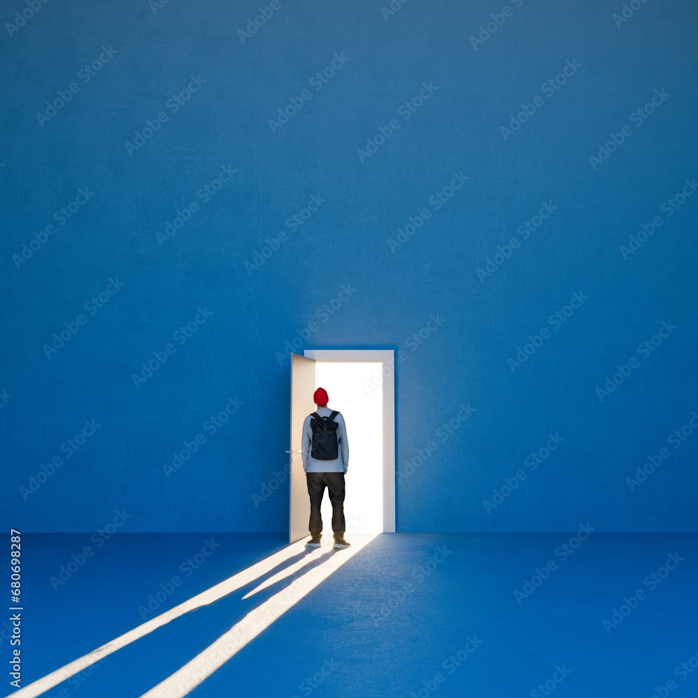 Door open on a large wall and a man backlit in the doorway. Life choices, making decisions, following your own path, having the courage to change. 3d rendering - obrazy, fototapety, plakaty 