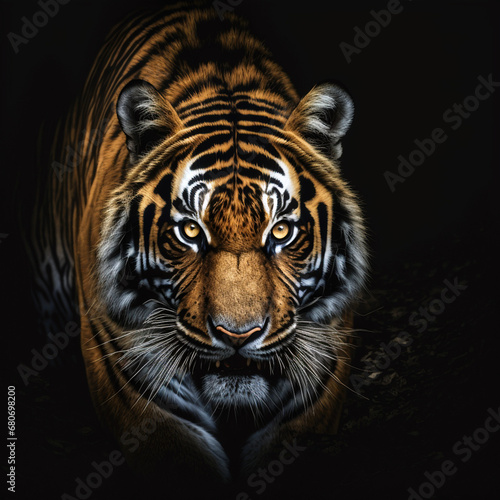 Portrait of a Bengal tiger  grin  big teeth. Realistic drawing. Beautiful wild animal.