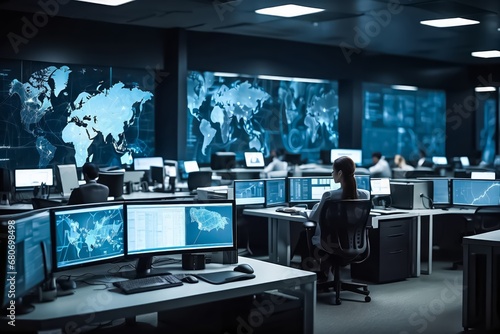 A Woman at the Desk in a Surveillance Center. Office For Cyber Security. NASA Office. A woman at Work. Data Analysis, Network Security. photo