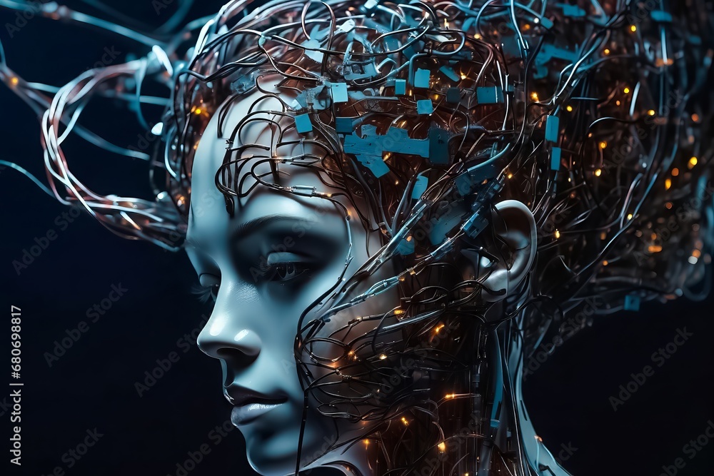 AI Robot Connected with Optical Cables. Women Cyborg Connected for Programing. AI Robot Connected with Optical Cables. Women Cyborg Connected for Programing.