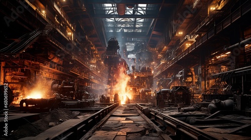 Interior of a steel mill, production of steel structural elements, metallurgical industry