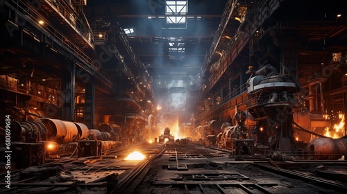 Interior of a steel mill, production of steel structural elements, metallurgical industry