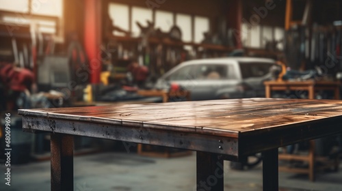 Empty table in car repair shop, car repair items, workshop with tools