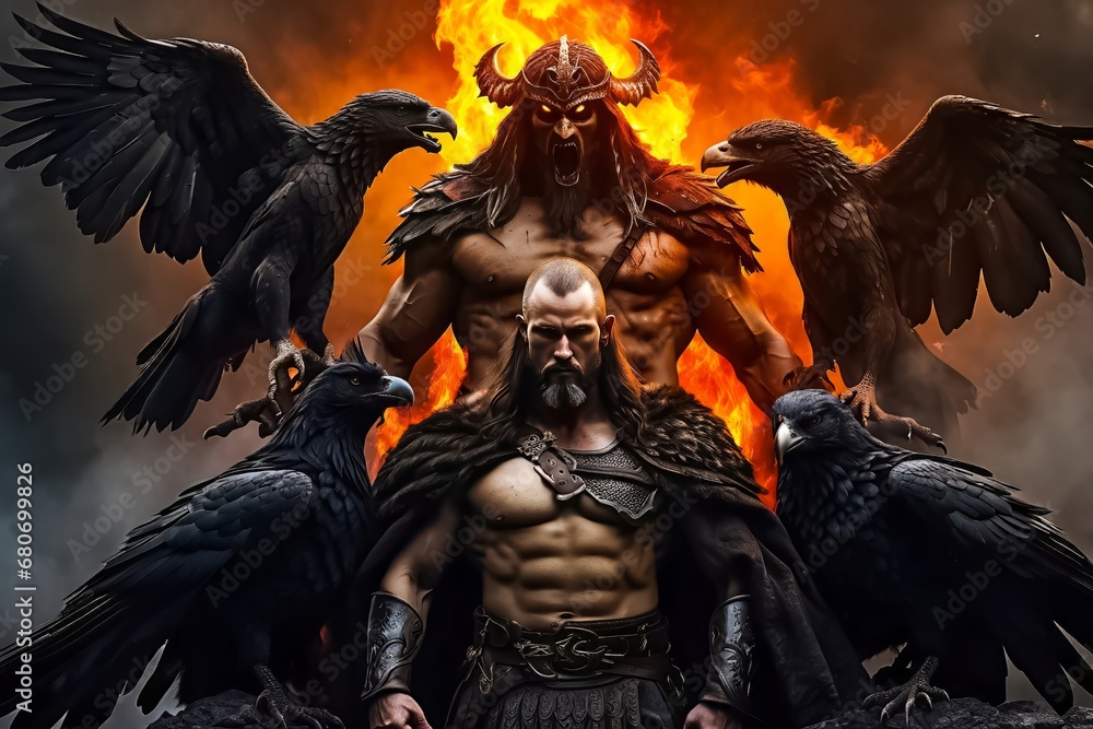 Fototapeta premium Jarovid Slavic God of War, Fire, Ferocity, and Anger with two Ravens. Fallen Angel Of War.