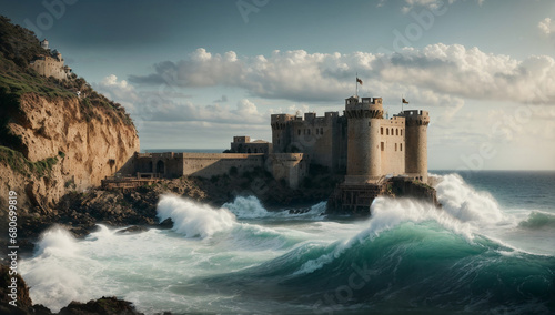 A coastal fortress, with waves crashing against its sturdy walls and a breathtaking view of the ocean - AI Generative