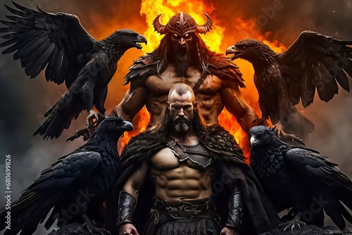 Jarovid Slavic God of War  Fire  Ferocity  and Anger with two Ravens. Fallen Angel Of War.