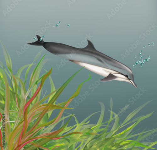 illustration d un dauphin ray    qui nage dans l eau limpide avec des algues