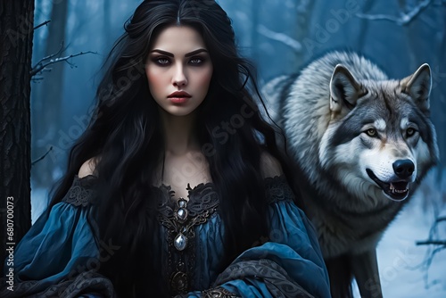 Morana is the Slavic goddess of death, night, and winter. Beautiful girl with long black hair, and a pale face. Beautiful Woman with Black Hair with her Wild Wolf. photo
