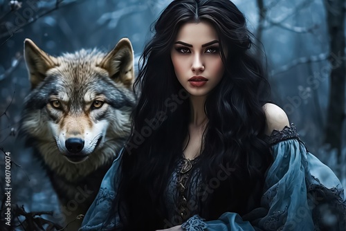 Morana is the Slavic goddess of death, night, and winter. Beautiful girl with long black hair, and a pale face. Beautiful Woman with Black Hair with her Wild Wolf. photo