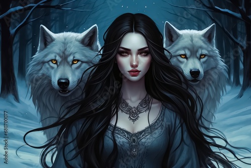 Morana is the Slavic goddess of death, night, and winter. Beautiful girl with long black hair, and a pale face. Beautiful Woman with Black Hair with her Wild Wolfs. photo