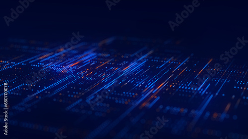 Digital blue background of particles. Abstract futuristic illustration. Big data visualization. Technology dynamic dots background. 3D rendering.