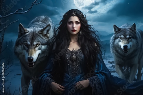 Morana is the Slavic goddess of death, night, and winter. Beautiful girl with long black hair, and a pale face. Beautiful Woman with Black Hair with her Wild Wolfs. photo