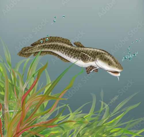 illustration d'un poisson lotte qui nage dans l'eau limpide avec des algues