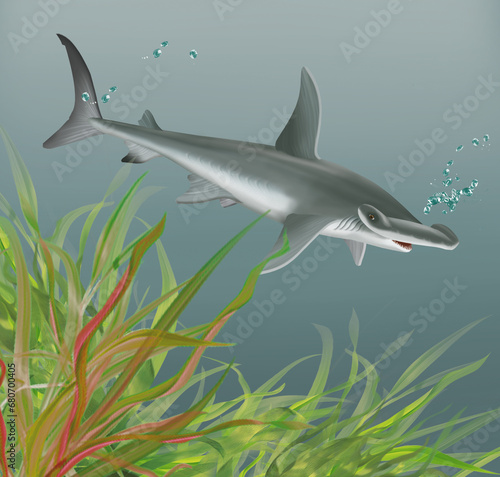 illustration d un requin marteau qui nage dans l eau limpide avec des algues