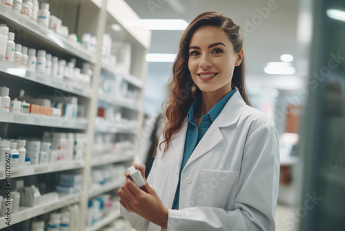 Female Pharmacist Standing in Pharmacy. Generative AI.