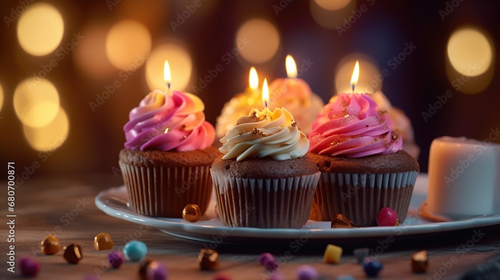 Delicious chocolate cupcakes with burning candles on table, closeup Delicious chocolate cupcakes with burning candles on table, closeup