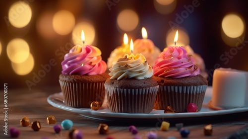 Delicious chocolate cupcakes with burning candles on table, closeup