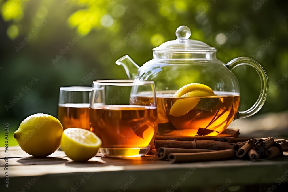 Teapot and Two Cups of Lemon and Cinnamon Tea on a Wooden Table in Nature. Teapot and Two Cups of Lemon and Cinnamon Tea on a Wooden Table in Nature.