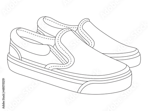 Comfortable casual fabric summer slip-on shoes. Line stock vector illustration on a white background. Side view. Editable stroke