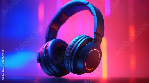 3d rendering of black headphones on colorful background. Music concept © Randu