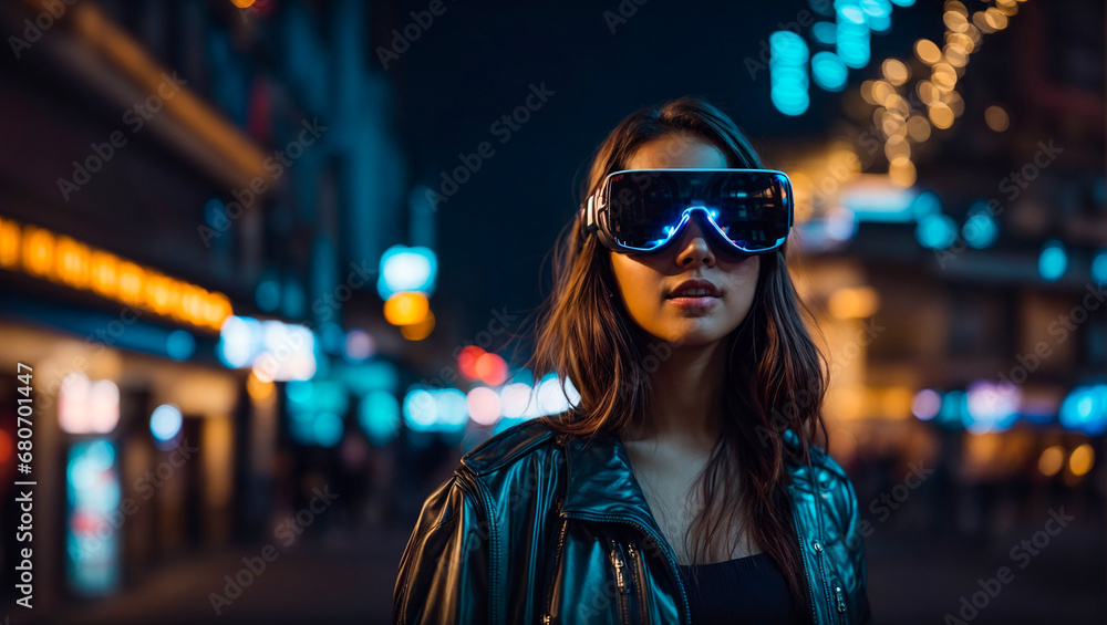 Portrait of a beautiful girl in virtual reality glasses on the street at night Portrait of a beautiful girl in virtual reality glasses on the street at night