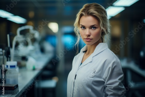 Female microbiologist. Portrait with selective focus and copy space