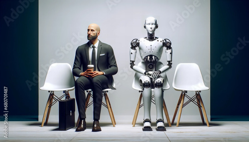 Man and AI robot waiting for a job interview: AI vs human competition