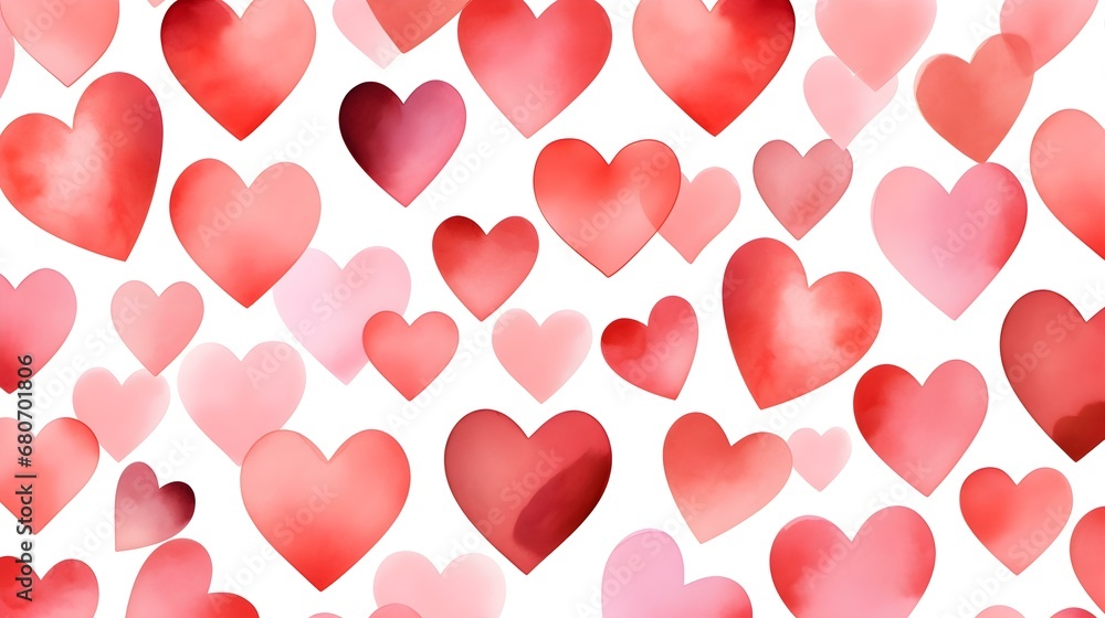 Seamless Background of painted Hearts in light red Watercolors. Romantic Wallpaper