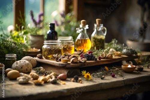 Wooden Table Full of Natural Remedies  Teas  Elixirs  and Life-Saving Plants. Traditional Medicine. Organic Fruits and Vegetables. Organic Food. Bio Food. Medicinal Plants.