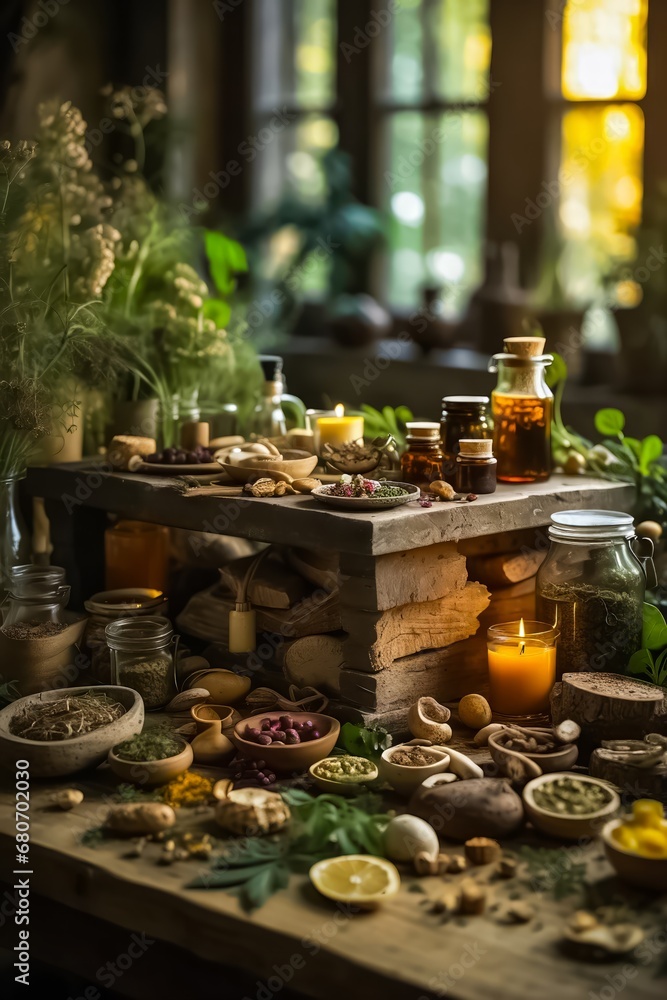 Wooden Table Full of Natural Remedies, Teas, Elixirs, and Life-Saving Plants. Traditional Medicine. Organic Fruits and Vegetables. Organic Food. Bio Food. Medicinal Plants.