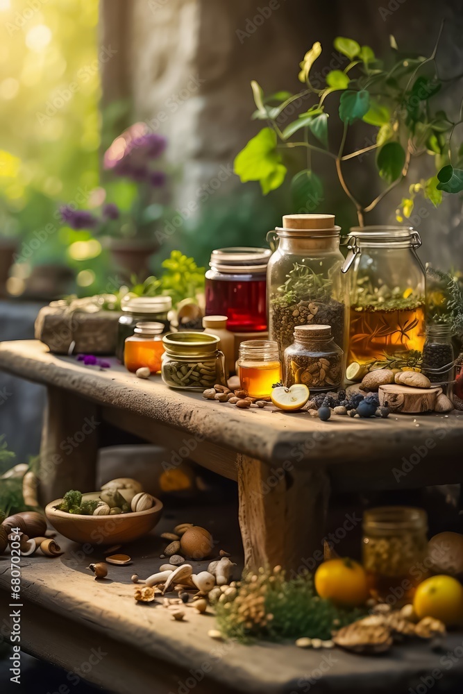 Wooden Table Full of Natural Remedies, Teas, Elixirs, and Life-Saving Plants. Traditional Medicine. Organic Fruits and Vegetables. Organic Food. Bio Food. Medicinal Plants. Wooden Table Full of Natural Remedies, Teas, Elixirs, and Life-Saving Plants. Traditional Medicine. Organic Fruits and Vegetables. Organic Food. Bio Food. Medicinal Plants.