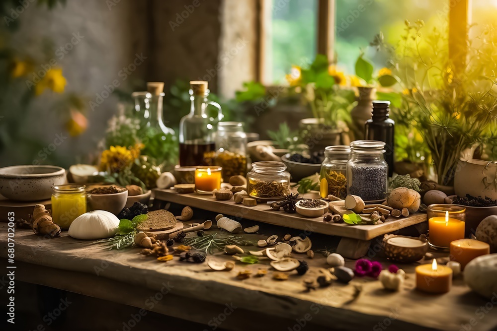 Wooden Table Full of Natural Remedies, Teas, Elixirs, and Life-Saving Plants. Traditional Medicine. Organic Fruits and Vegetables. Organic Food. Bio Food