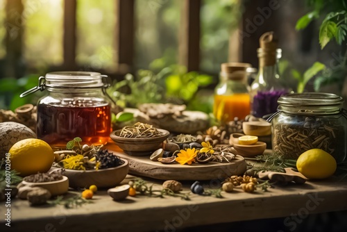 Wooden Table Full of Natural Remedies, Teas, Elixirs, and Life-Saving Plants. Traditional Medicine. Organic Fruits and Vegetables. Organic Food. Bio Food. Medicinal Plants.