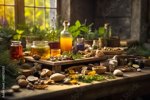 Wooden Table Full of Natural Remedies, Teas, Elixirs, and Life-Saving Plants. Traditional Medicine. Organic Fruits and Vegetables. Organic Food. Bio Food. Medicinal Plants. © Radovan