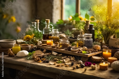 Wooden Table Full of Natural Remedies, Teas, Elixirs, and Life-Saving Plants. Traditional Medicine. Organic Fruits and Vegetables. Organic Food. Bio Food © Radovan