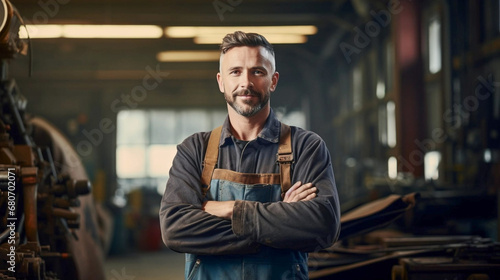 copy space, stockphoto, Portrait of a proud, hardworking factory worker, embodying dedication and confidence in a manufacturing environment. Portrait of a bleu-collar working in an industrial setting.