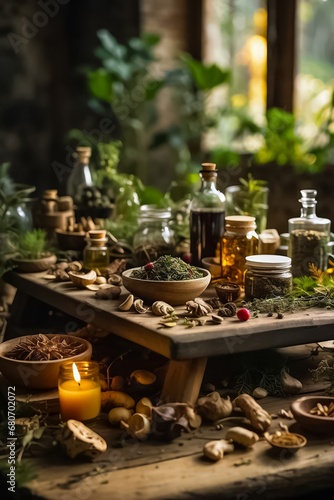 Wooden Table Full of Natural Remedies, Teas, Elixirs, and Life-Saving Plants. Traditional Medicine. Organic Fruits and Vegetables. Organic Food. Bio Food