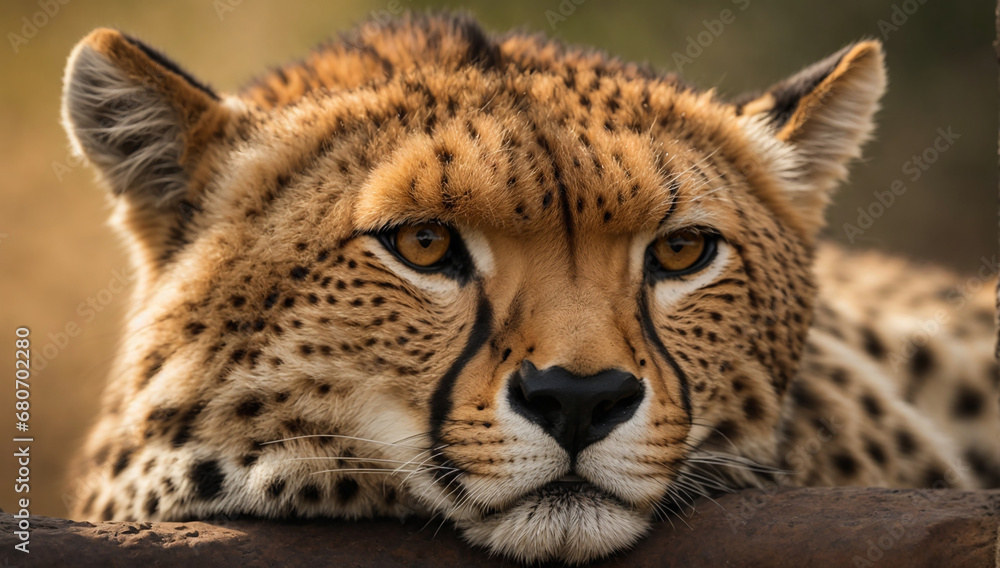 Fototapeta premium A resting Cheetah, showcasing its distinctive tear tracks and the delicate spots on its fur - AI Generative