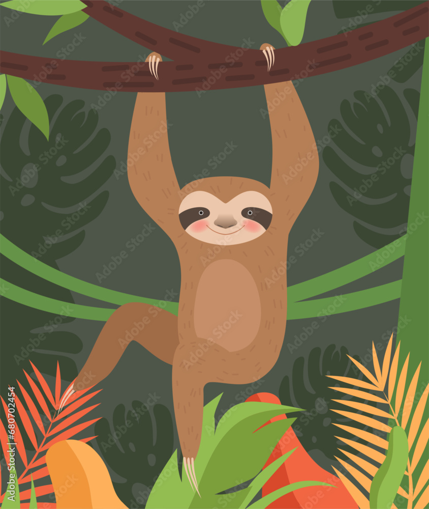 Fototapeta premium Sloth. Lazy wild animals on trees. Vector cartoon background