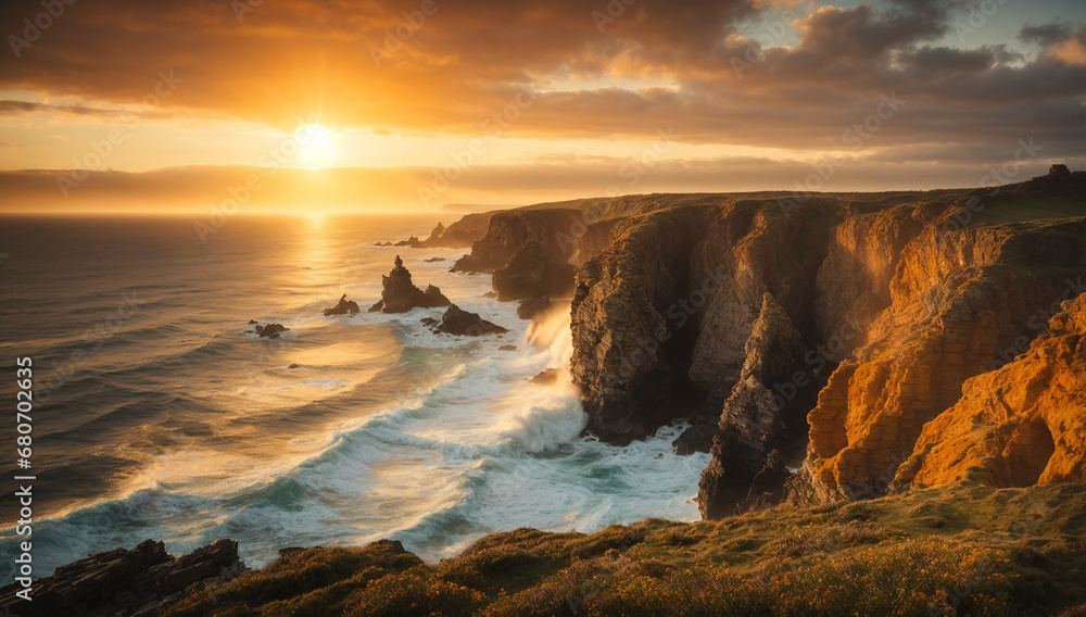 A vivid scene where the sun graces the horizon, casting its warm and golden glow - AI Generative A vivid scene where the sun graces the horizon, casting its warm and golden glow - AI Generative