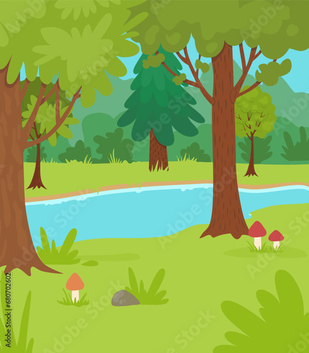 Trees forest. Outdoor background with green light lawn. Vector illustration template
